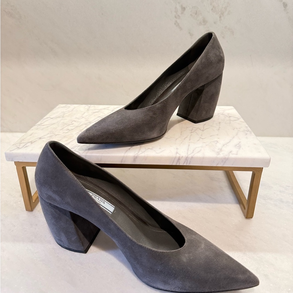 Prada Suede Block Heel Pumps Gray | Made in Italy | Size 39
